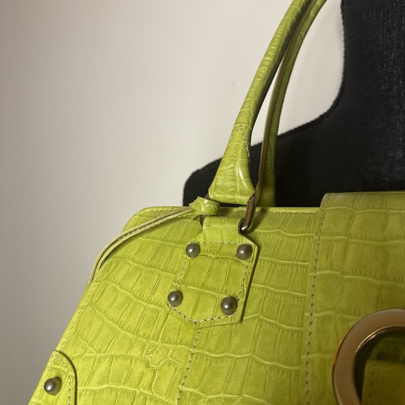 Lime Green Croc Embossed Shoulder Bag Y2K Retro 2000s Style Metal Ring Detail - Picture 3 of 8